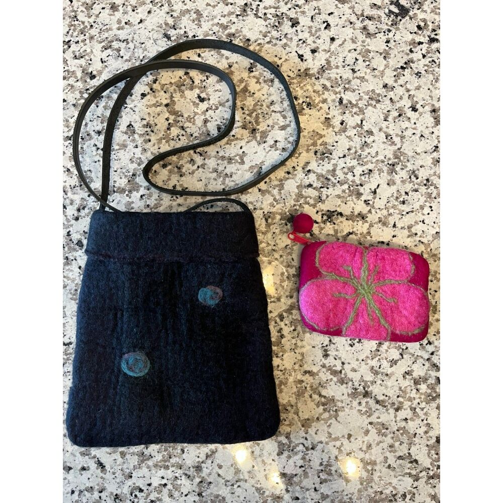 Handmade Felted Wool Bag Bundle Black Crossbody Purse Pink Zipper Coin Pouch Art